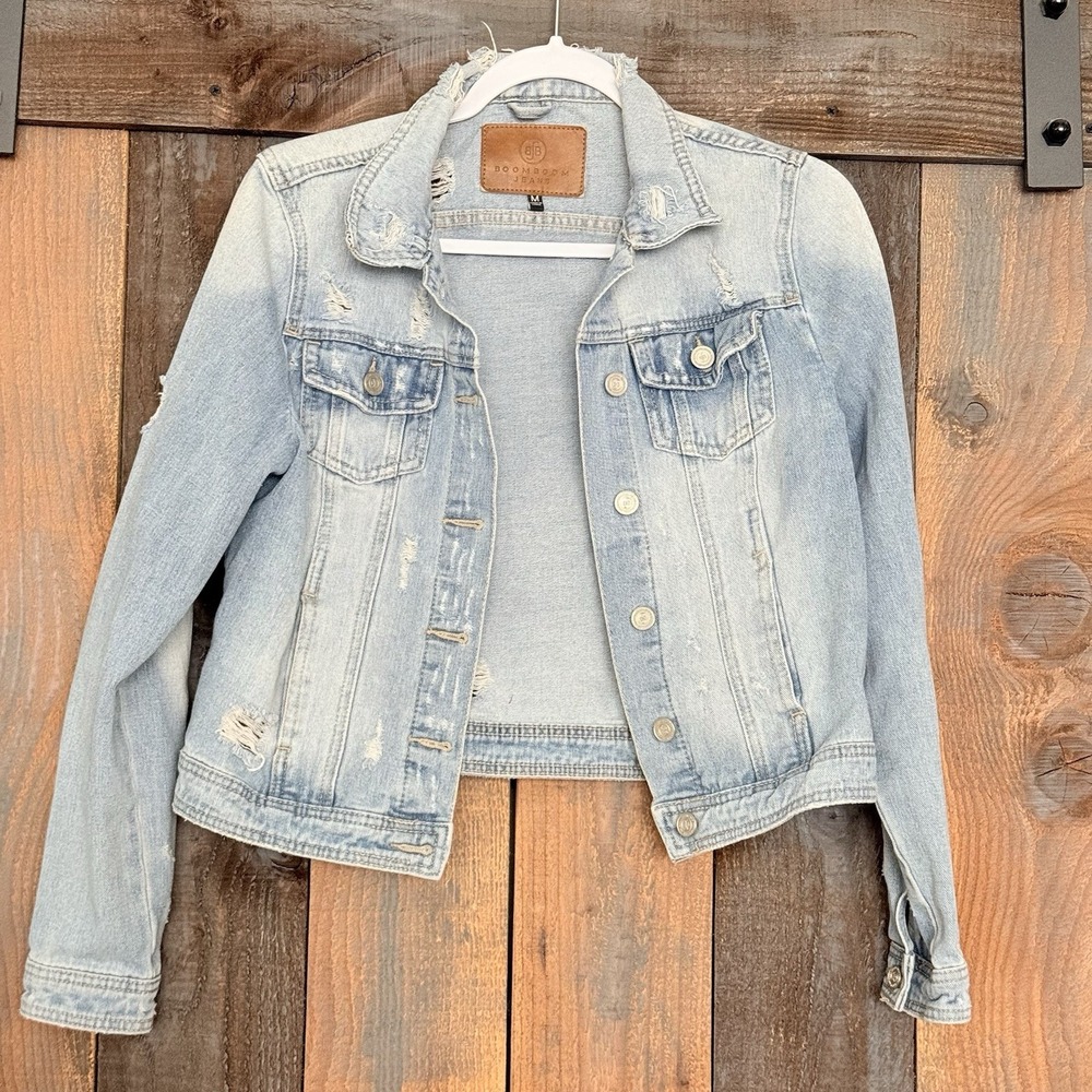 Boom Boom Jeans Denim Jacket Women Size Medium Distressed Light Blue